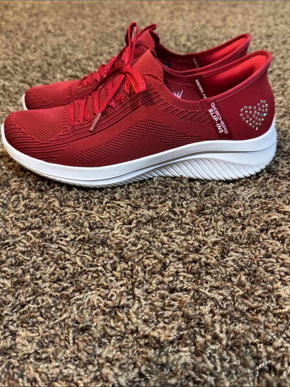 Skechers Red Knit Lace-Up Slip-On Sneakers with Heart Accent